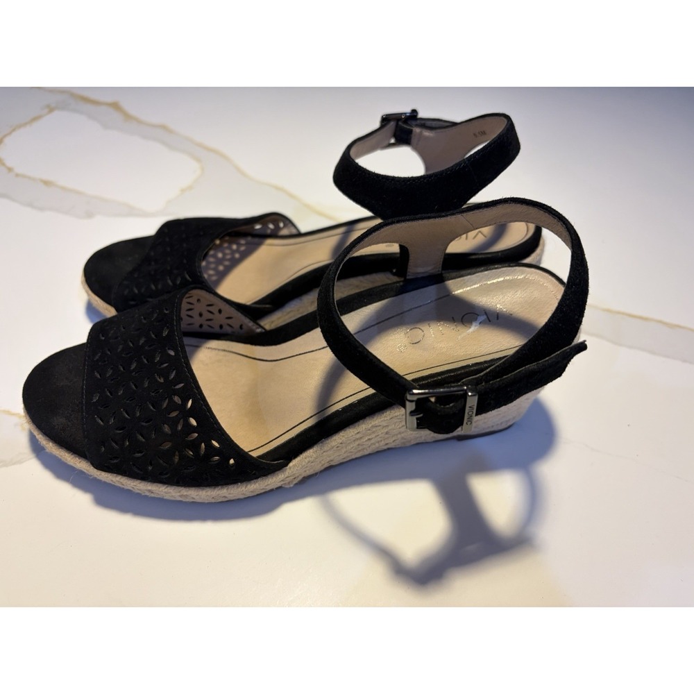 VIONIC Black Suede Wedge Ankle Strap Sandals Buckle Women's US 8.5 M EU 39